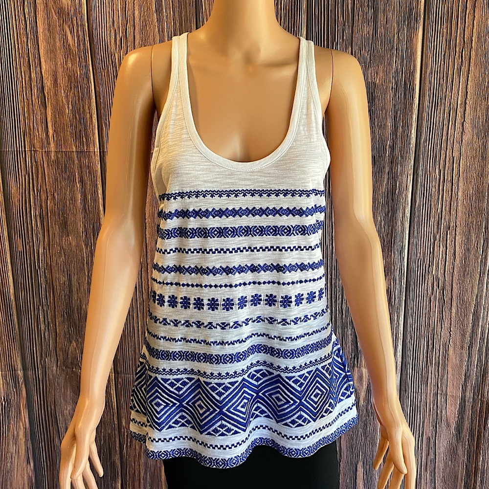 Sam Edelman white tank top with electric blue tribal print embroidery size